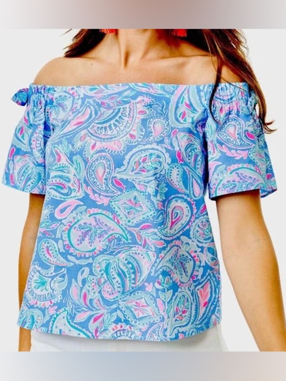 Lilly Pulitzer Women’s Preppy Tamara Off Shoulder Top XS Zanzibar Blue Fish Kiss
